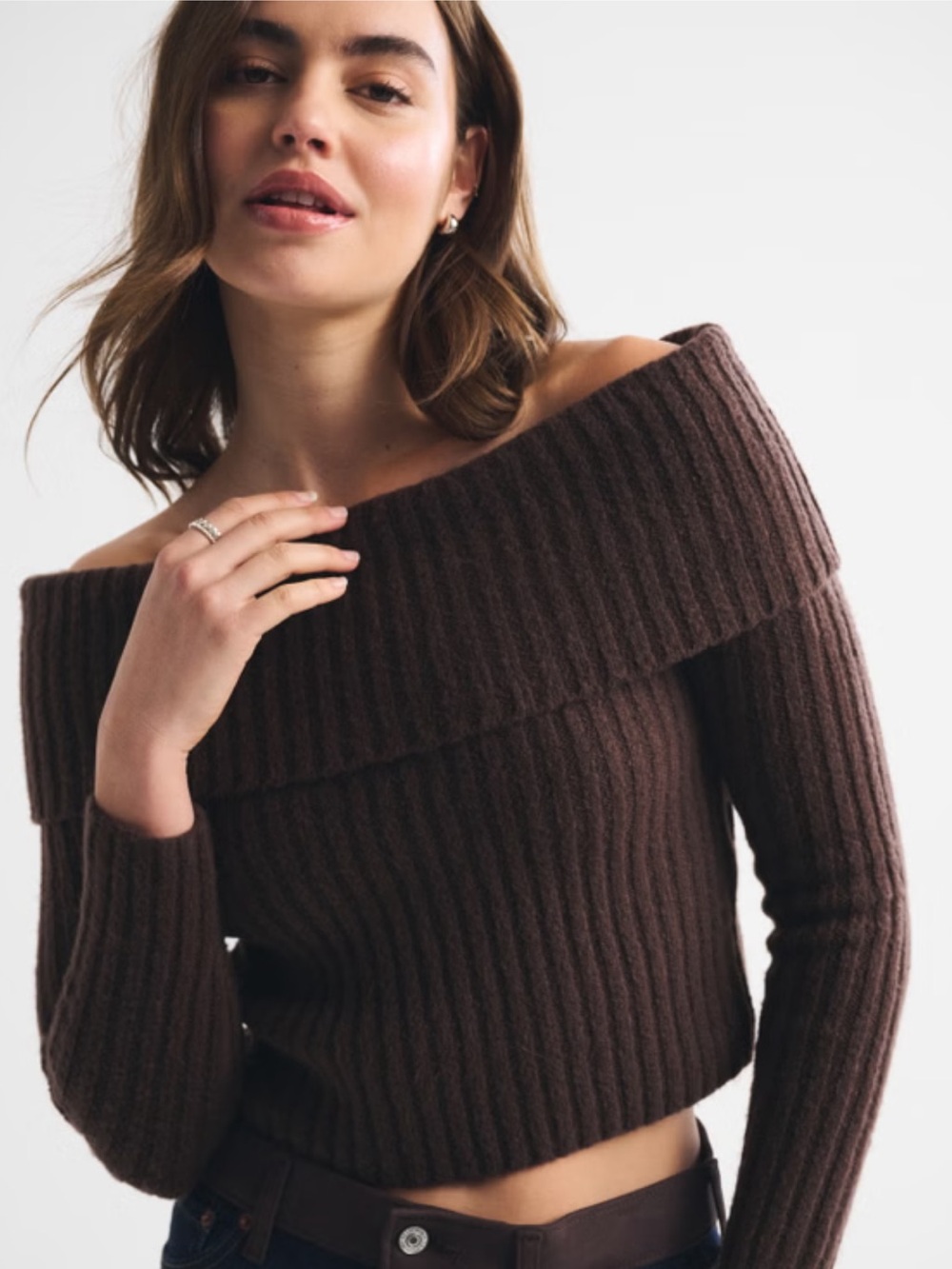 Off-Shoulder Ribbed Brown Women’s Sweater